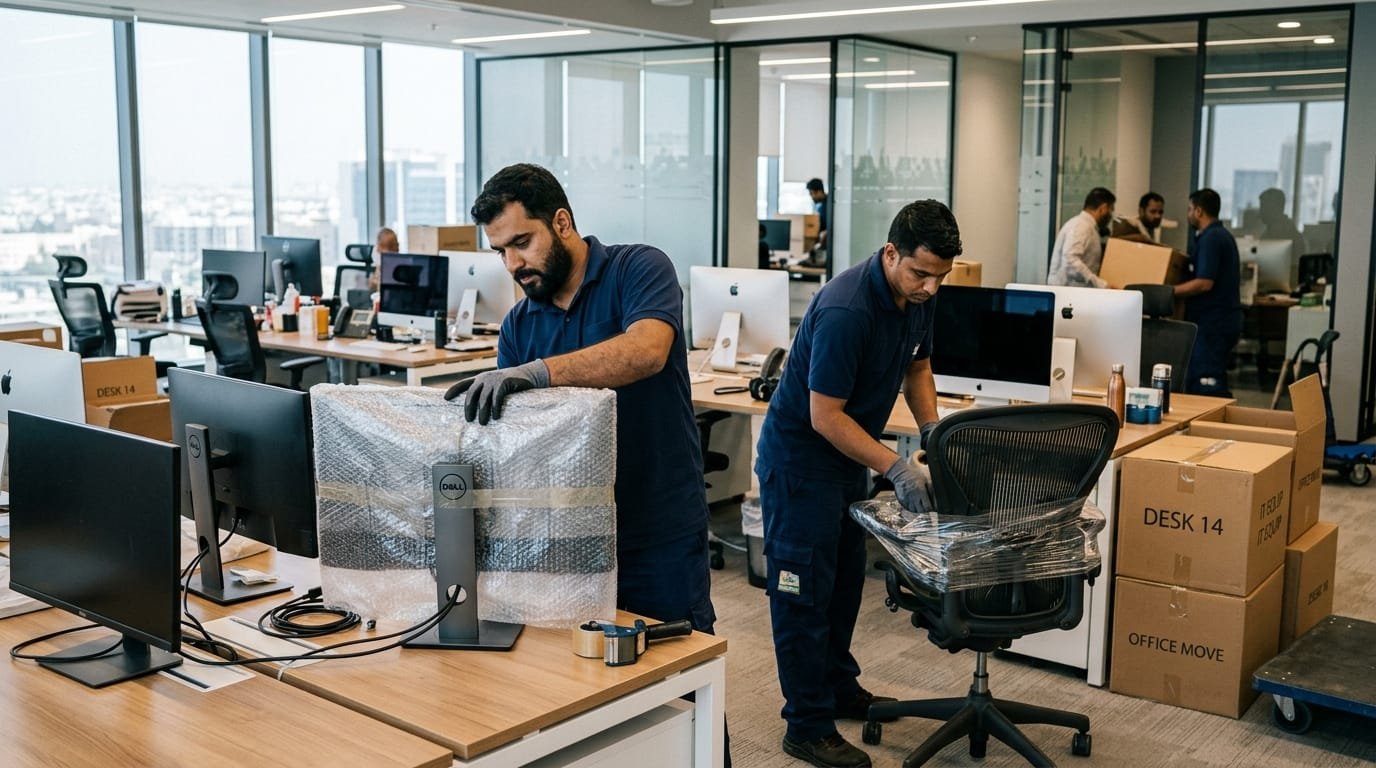 فريق متخصص يغلف شاشات حواسيب وكراسي مكاتب هندسية في مقر شركة حديث بجدة